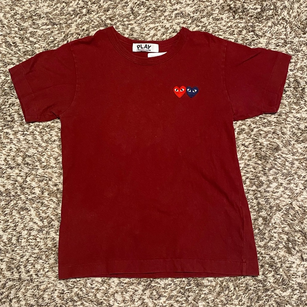 Comme Des Garcons PLAY Logo Twin Hearts Short Sleeve T-shirt Burgundy Size M
